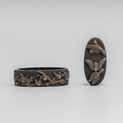 Lot 642 - NOMURA MASANAO: A FINE SHAKUDO FUCHI AND KASHIRA WITH SPARROWS