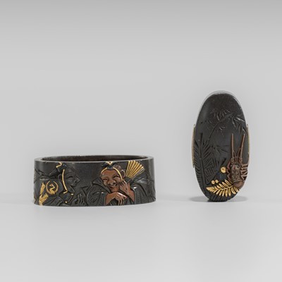 Lot 1663 - TSUNENAO: A FINE ICHINOMIYA SCHOOL FUCHI AND KASHIRA WITH ISE-EBI (SPINY LOBSTERS), KANZAN AND JITTOKU