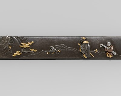 Lot 579 - ICHIJOSAI HIROTOSHI: A FINE SHIBUICHI KOZUKA WITH A SAGE ACCOMPANIED BY AN ATTENDANT