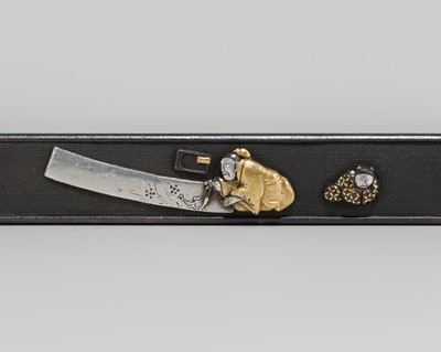 Lot 572 - GOTO HIRONORI: A FINE GOTO SCHOOL SHAKUDO KOZUKA WITH A PAINTER AND HIS ATTENDANT