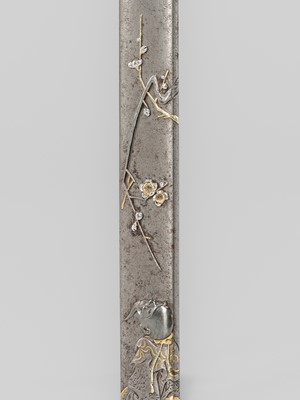 Lot 583 - YASUCHIKA: A FINE SILVERED IRON KOZUKA OF SUGUWARA NO MICHIZANE ADMIRING A PLUM BRANCH