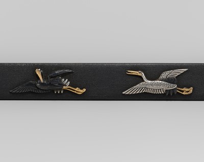 Lot 568 - YOSHIOKA HIROTSUGU: A FINE YOSHIOKA SCHOOL SHAKUDO KOZUKA WITH TWO TANCHOTSURU IN FLIGHT