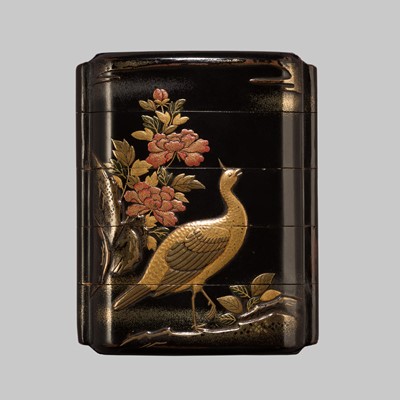 Lot 20 - A FINE FOUR-CASE LACQUER INRO WITH PEACOCKS