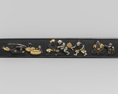 Lot 565 - AN AMUSING GOTO SCHOOL SHAKUDO KOZUKA DEPICTING A WRESTLING MATCH BETWEEN DAIKOKU AND HOTEI