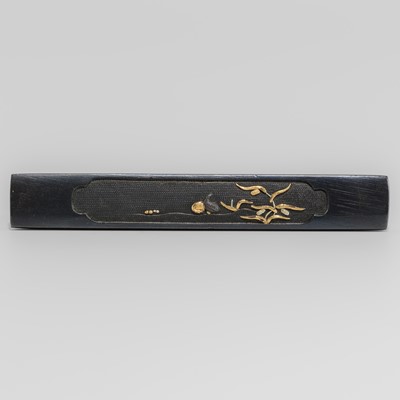 Lot 1608 - A SHAKUDO KOZUKA WITH TWO QUAILS BENEATH MILLET STALKS