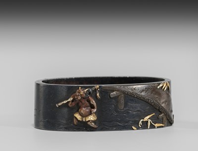 Lot 581 - A FINE HAMANO SCHOOL SHAKUDO FUCHI AND KASHIRA WITH SHOKI AND ONI