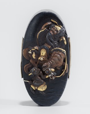 Lot 581 - A FINE HAMANO SCHOOL SHAKUDO FUCHI AND KASHIRA WITH SHOKI AND ONI