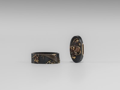 Lot 581 - A FINE HAMANO SCHOOL SHAKUDO FUCHI AND KASHIRA WITH SHOKI AND ONI