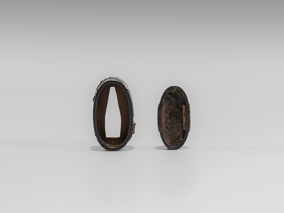 Lot 581 - A FINE HAMANO SCHOOL SHAKUDO FUCHI AND KASHIRA WITH SHOKI AND ONI