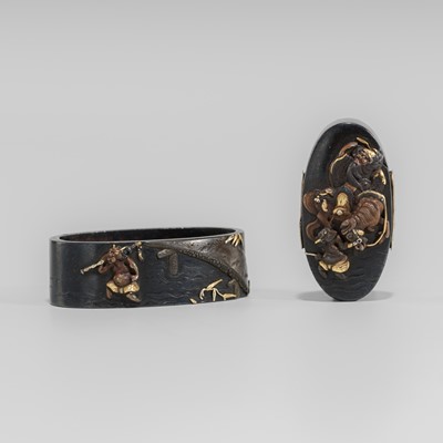 Lot 637 - A FINE HAMANO SCHOOL SHAKUDO FUCHI AND KASHIRA WITH SHOKI AND ONI