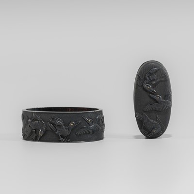 Lot 1941 - A SHAKUDO FUCHI AND KASHIRA WITH CROWS