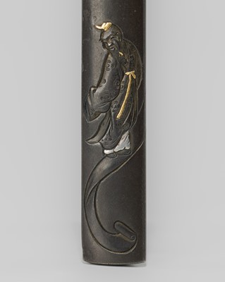 Lot 1606 - NAOMICHI: A SHAKUDO KOZUKA WITH JUROJIN STANDING ON A SCROLL