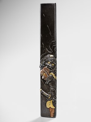 Lot 586 - A FINE SHIBUICHI KOZUKA DEPICTING OMORI HIKOSHICHI