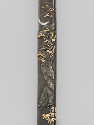 Lot 594 - ICHIRYU TOMOYOSHI: A SUPERB SHIBUICHI KOZUKA WITH A WILD BOAR