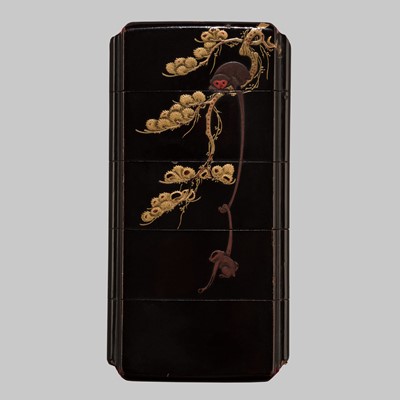 Lot 2 - A FIVE-CASE LACQUER INRO WITH GIBBONS AND PINES