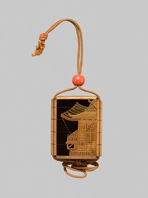 Lot 215 - A BLACK AND GOLD LACQUER FOUR-CASE INRO