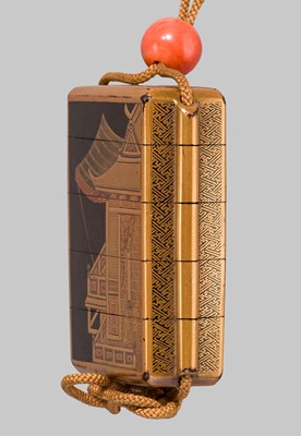 Lot 215 - A BLACK AND GOLD LACQUER FOUR-CASE INRO