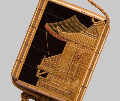 Lot 215 - A BLACK AND GOLD LACQUER FOUR-CASE INRO