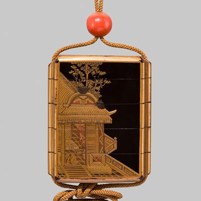 Lot 215 - A BLACK AND GOLD LACQUER FOUR-CASE INRO