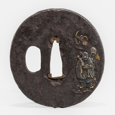 Lot 620 - AN IRON TSUBA DEPICTING HEHE AND ERXIAN