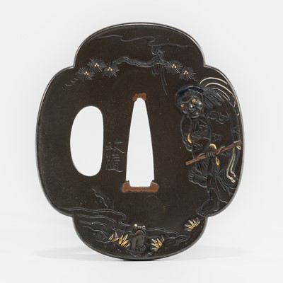 Lot 1576 - MASAYUKI: A HAMANO SCHOOL SHIBUICHI TSUBA DEPICTING GAMA SENNIN DANCING WITH HIS TOAD