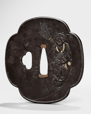 Lot 621 - SUGIURA JOI: AN IRON TSUBA DEPICTING KANZAN AND JITTOKU