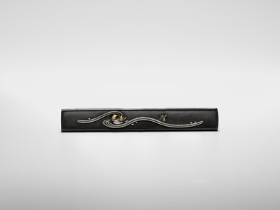 Lot 84 - A SHAKUDO KOZUKA WITH TWO MANDARIN DUCKS (OSHIDORI) IN WAVES