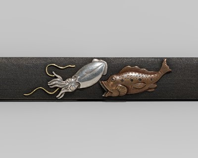 Lot 567 - A SUPERB GOTO SCHOOL NANAKO SHAKUDO KOZUKA WITH A RED SEA BREAM ATTACKING A SQUID