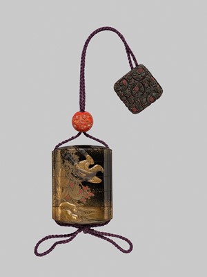 SHUN’YO: A FINE INLAID FOUR-CASE LACQUER INRO WITH A SEA EAGLE AND A QUAIL, AFTER A DESIGN BY HANABUSA ITCHO