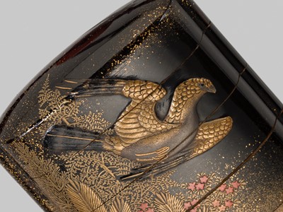 SHUN’YO: A FINE INLAID FOUR-CASE LACQUER INRO WITH A SEA EAGLE AND A QUAIL, AFTER A DESIGN BY HANABUSA ITCHO