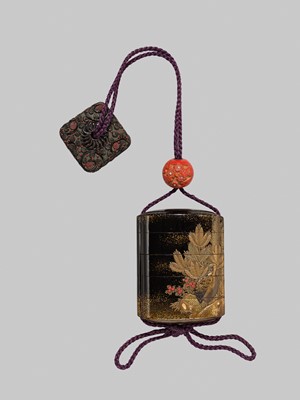 SHUN’YO: A FINE INLAID FOUR-CASE LACQUER INRO WITH A SEA EAGLE AND A QUAIL, AFTER A DESIGN BY HANABUSA ITCHO