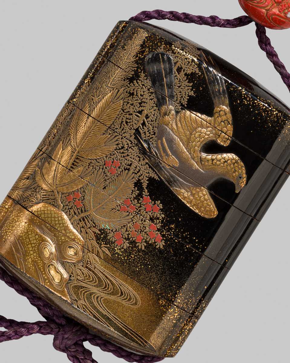 SHUN’YO: A FINE INLAID FOUR-CASE LACQUER INRO WITH A SEA EAGLE AND A QUAIL, AFTER A DESIGN BY HANABUSA ITCHO