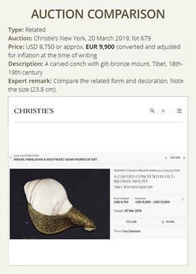 Lot 29 - A CARVED CONCH-SHELL TRUMPET, DUNG DKAR, WITH PARCEL-GILT COPPER REPOUSSÉ MOUNT