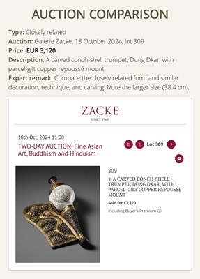 Lot 29 - A CARVED CONCH-SHELL TRUMPET, DUNG DKAR, WITH PARCEL-GILT COPPER REPOUSSÉ MOUNT