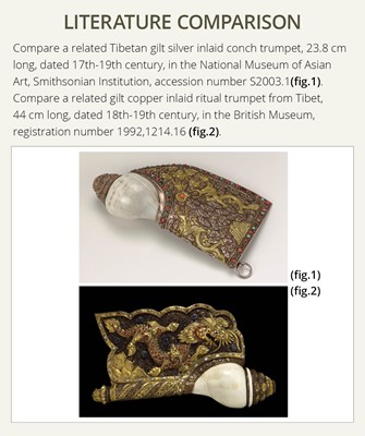 Lot 29 - A CARVED CONCH-SHELL TRUMPET, DUNG DKAR, WITH PARCEL-GILT COPPER REPOUSSÉ MOUNT
