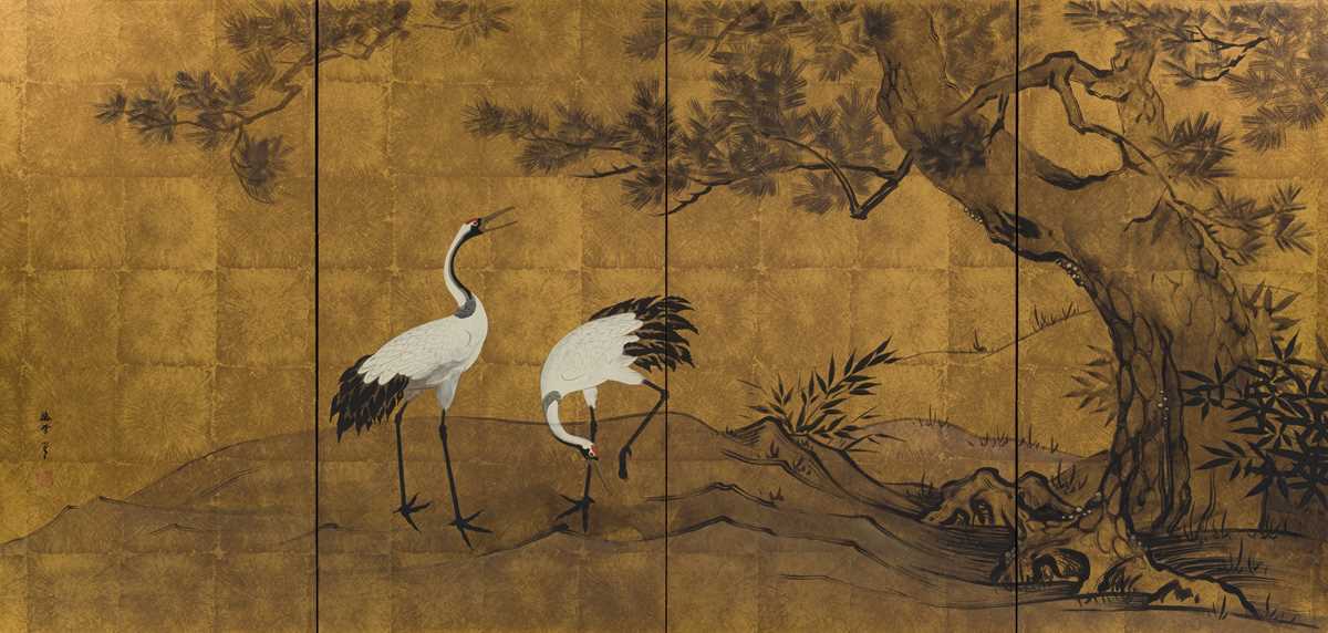 Lot 237 - KANO BAISETSU: A FOUR-PANEL BYOBU (FOLDING SCREEN) WITH TANCHOZURU (RED-CROWNED CRANES) AND PINE