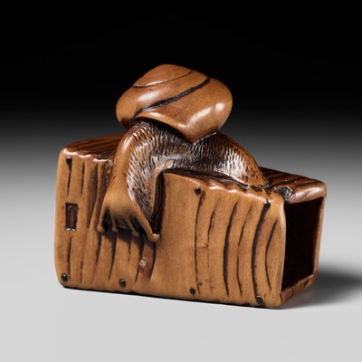 Lot 113 - MASANAO: A FINE WOOD NETSUKE OF A SNAIL ON A WATER BUCKET