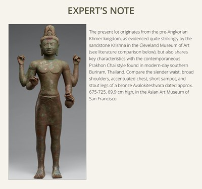 Lot 247 - A RARE BRONZE FIGURE OF KRISHNA, PRE-ANGKORIAN PERIOD, PHNOM DA STYLE