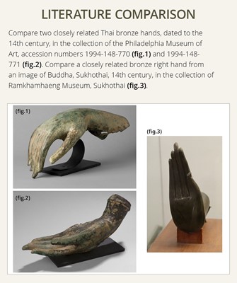 Lot 371 - A LIFESIZE BRONZE HAND OF BUDDHA, SUKHOTHAI KINGDOM
