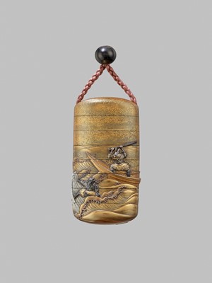 Lot 50 - KAJIKAWA AND MASAYOSHI: A SUPERB AND VERY RARE GOLD LACQUER AND METAL-INLAID SEVEN-CASE INRO DEPICTING THE KACHI-KACHI YAMA STORY