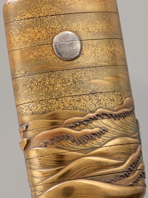 Lot 50 - KAJIKAWA AND MASAYOSHI: A SUPERB AND VERY RARE GOLD LACQUER AND METAL-INLAID SEVEN-CASE INRO DEPICTING THE KACHI-KACHI YAMA STORY