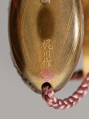 Lot 50 - KAJIKAWA AND MASAYOSHI: A SUPERB AND VERY RARE GOLD LACQUER AND METAL-INLAID SEVEN-CASE INRO DEPICTING THE KACHI-KACHI YAMA STORY