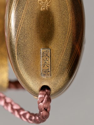 Lot 50 - KAJIKAWA AND MASAYOSHI: A SUPERB AND VERY RARE GOLD LACQUER AND METAL-INLAID SEVEN-CASE INRO DEPICTING THE KACHI-KACHI YAMA STORY