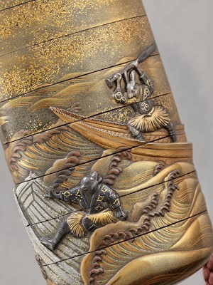 Lot 50 - KAJIKAWA AND MASAYOSHI: A SUPERB AND VERY RARE GOLD LACQUER AND METAL-INLAID SEVEN-CASE INRO DEPICTING THE KACHI-KACHI YAMA STORY