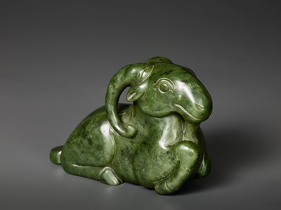 Lot 167 - A MASSIVE SPINACH GREEN JADE MODEL OF A RECUMBENT RAM, QING DYNASTY