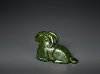 Lot 167 - A MASSIVE SPINACH GREEN JADE MODEL OF A RECUMBENT RAM, QING DYNASTY