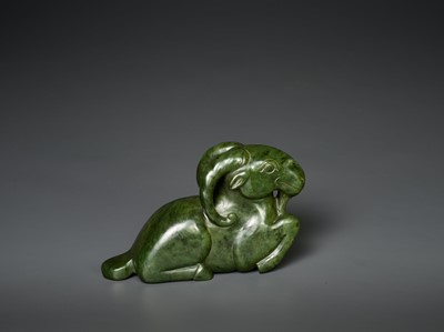 Lot 167 - A MASSIVE SPINACH GREEN JADE MODEL OF A RECUMBENT RAM, QING DYNASTY