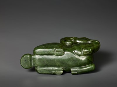 Lot 167 - A MASSIVE SPINACH GREEN JADE MODEL OF A RECUMBENT RAM, QING DYNASTY