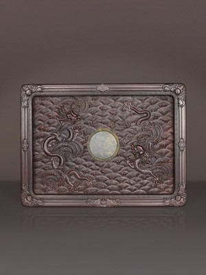 Lot 105 - AN IMPERIAL SPINACH JADE INSET ZITAN ‘DRAGON’ TRAY, QIANLONG PERIOD