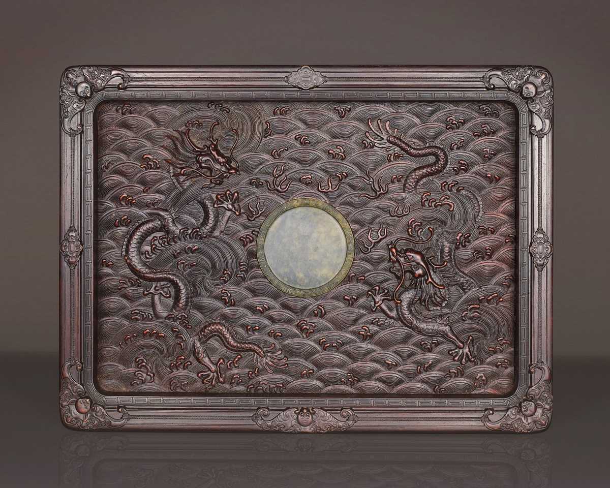 Lot 105 - AN IMPERIAL SPINACH JADE INSET ZITAN ‘DRAGON’ TRAY, QIANLONG PERIOD